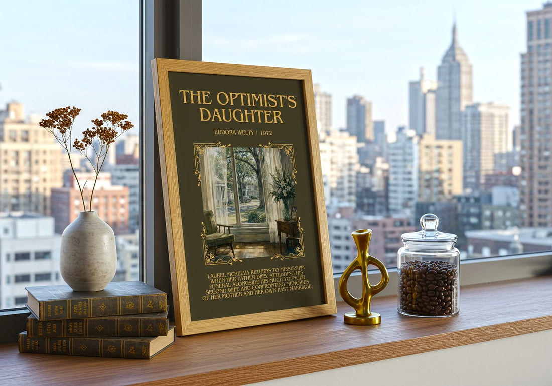 The Optimist's Daughter Minimalist Book Poster by Eudora Welty – framed print on a city-view windowsill