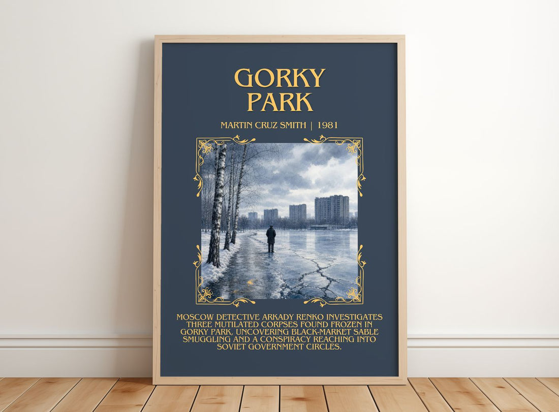 Gorky Park Minimalist Book Poster by Martin Cruz Smith – framed print leaning on a wooden floor