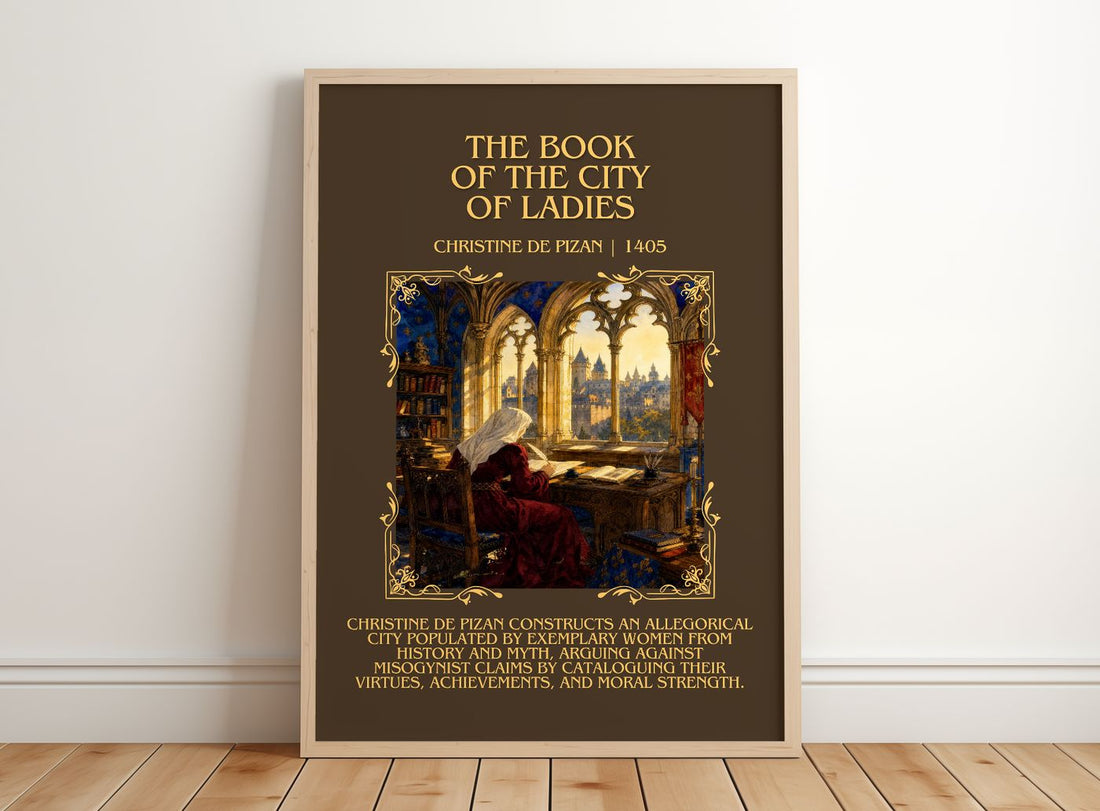 Book of the City of Ladies Minimalist Book Poster by C. Pizan – framed print leaning on a wooden floor