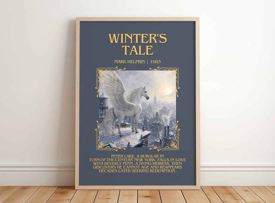 Winter's Tale Minimalist Book Poster by Mark Helprin – framed print leaning on a wooden floor