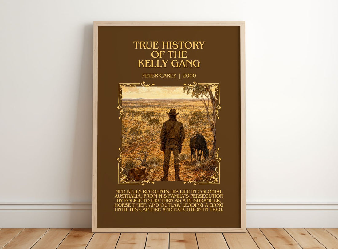 True History of the Kelly Gang Minimalist Book Poster by Peter Carey – framed print leaning on a wooden floor