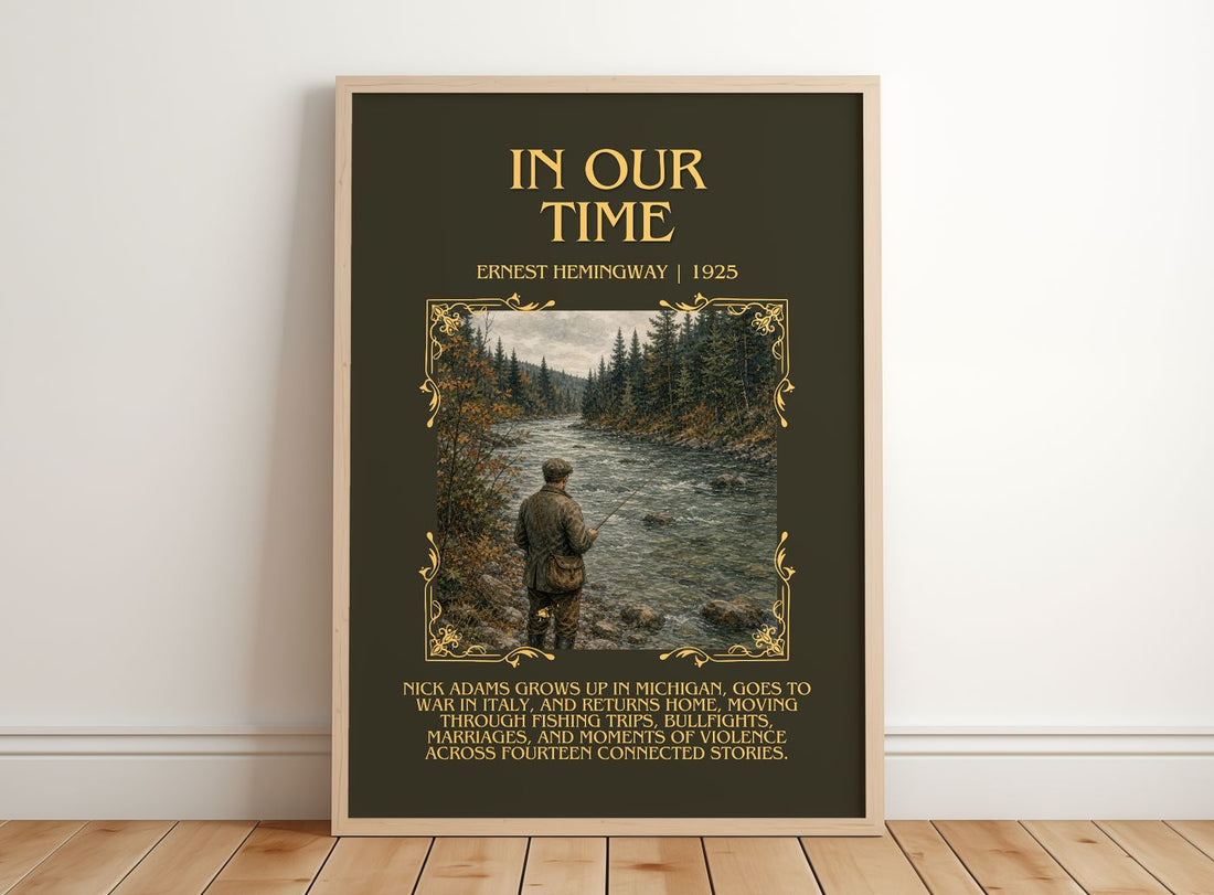 In Our Time Minimalist Book Poster by Ernest Hemingway – framed print leaning on a wooden floor