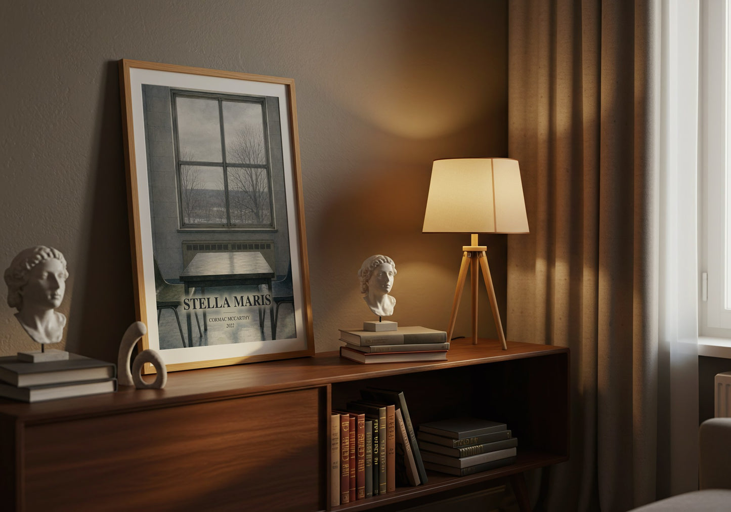 Stella Maris watercolour print on bookshelf – Cormac Mccarthy fan gift
