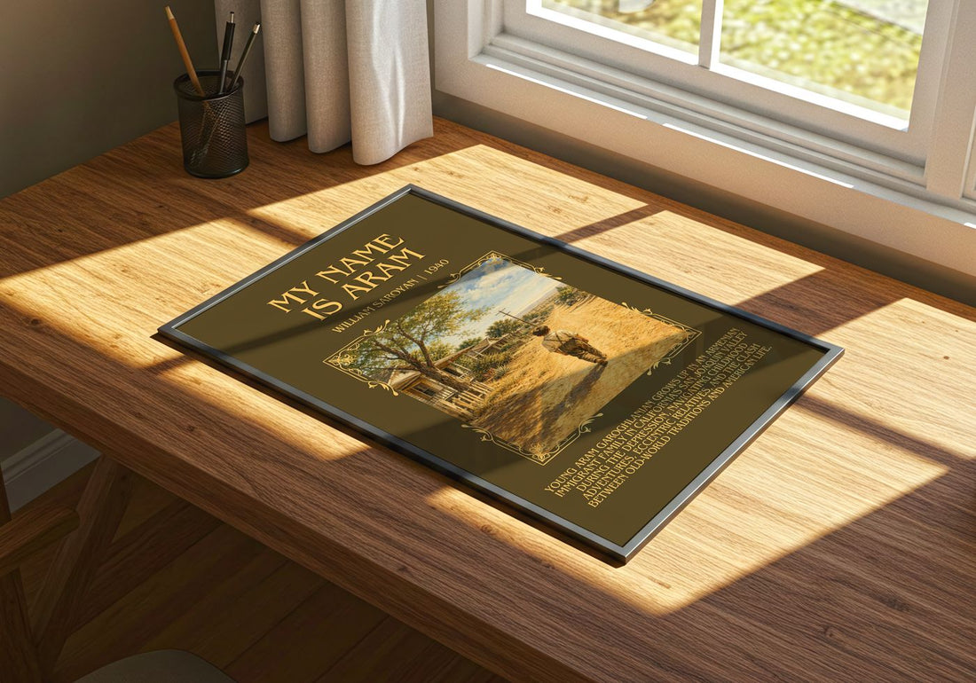 My Name Is Aram Minimalist Book Poster by William Saroyan – print on a sunlit desk