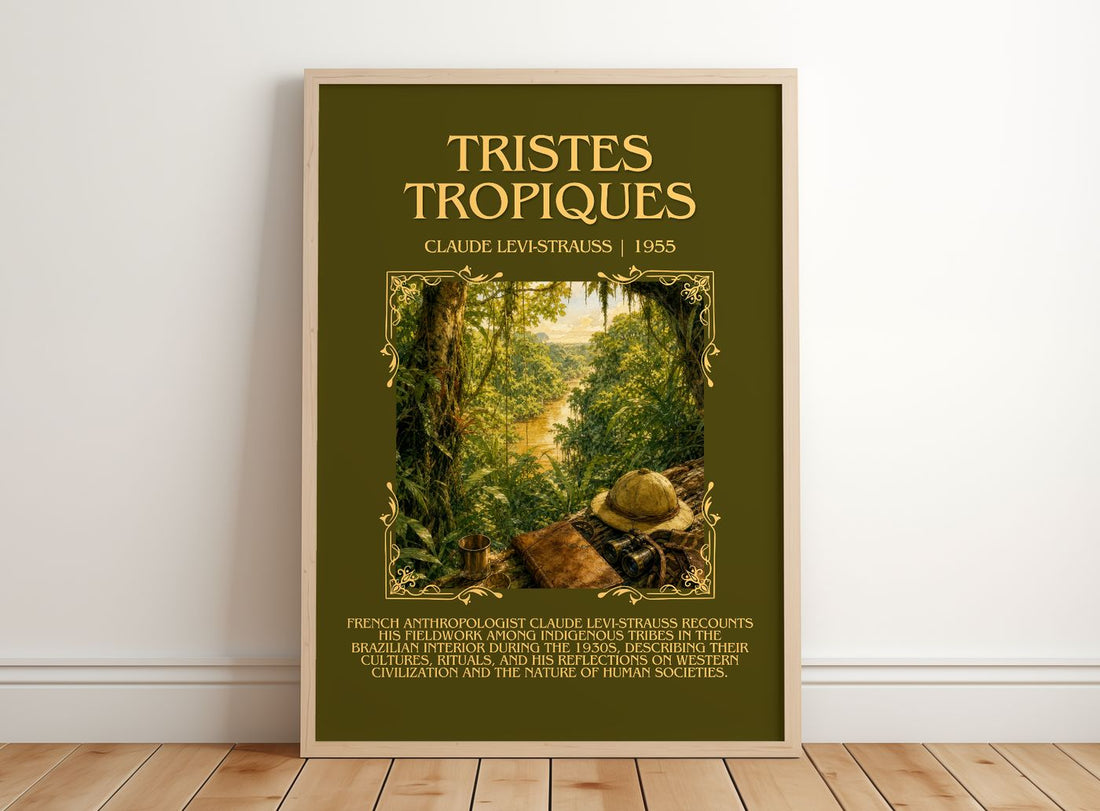 Tristes Tropiques Minimalist Book Poster by Claude Lévi-Strauss – framed print leaning on a wooden floor