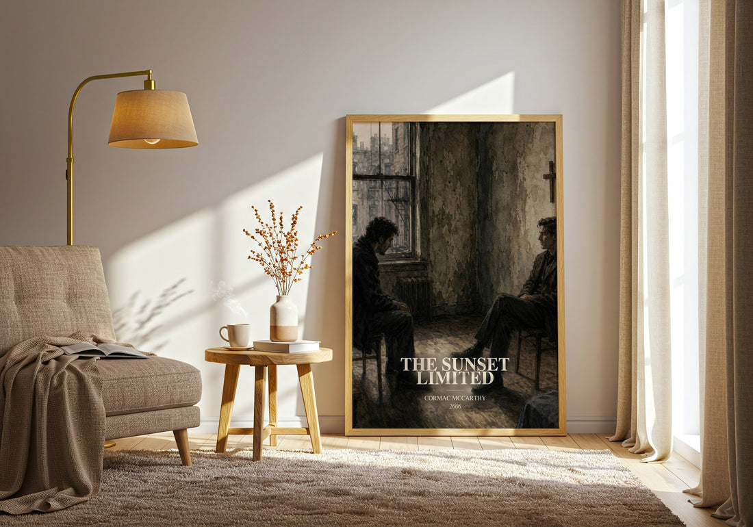 The Sunset Limited watercolour print in frame leaning in hallway – literary fiction wall art (mockup)