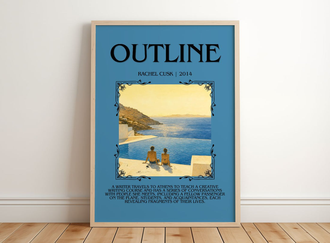 Outline Minimalist Book Poster by Rachel Cusk – framed print leaning on a wooden floor