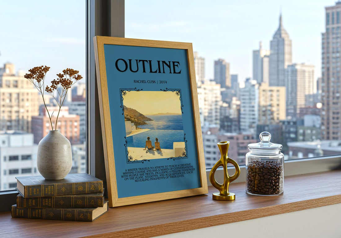 Outline Minimalist Book Poster by Rachel Cusk – framed print on a city-view windowsill
