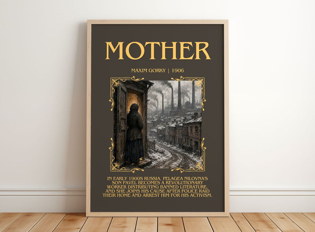 Mother Minimalist Book Poster by Maxim Gorky – framed print leaning on a wooden floor