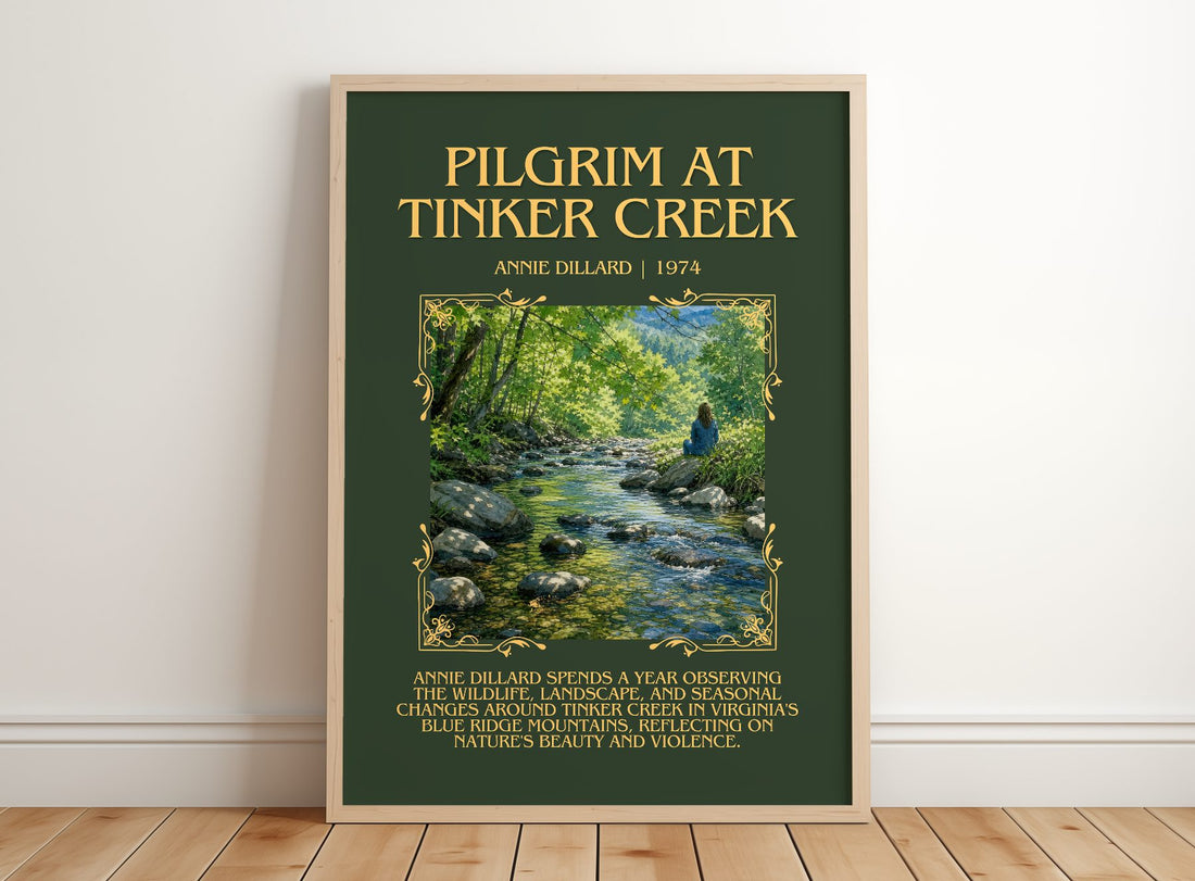 Pilgrim at Tinker Creek Minimalist Book Poster by Annie Dillard – framed print leaning on a wooden floor