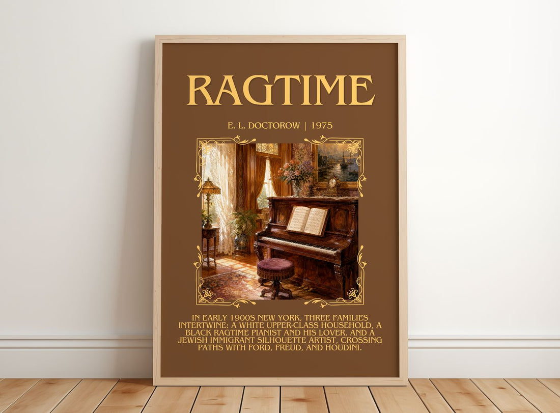 Ragtime Minimalist Book Poster by E. L. Doctorow – framed print leaning on a wooden floor