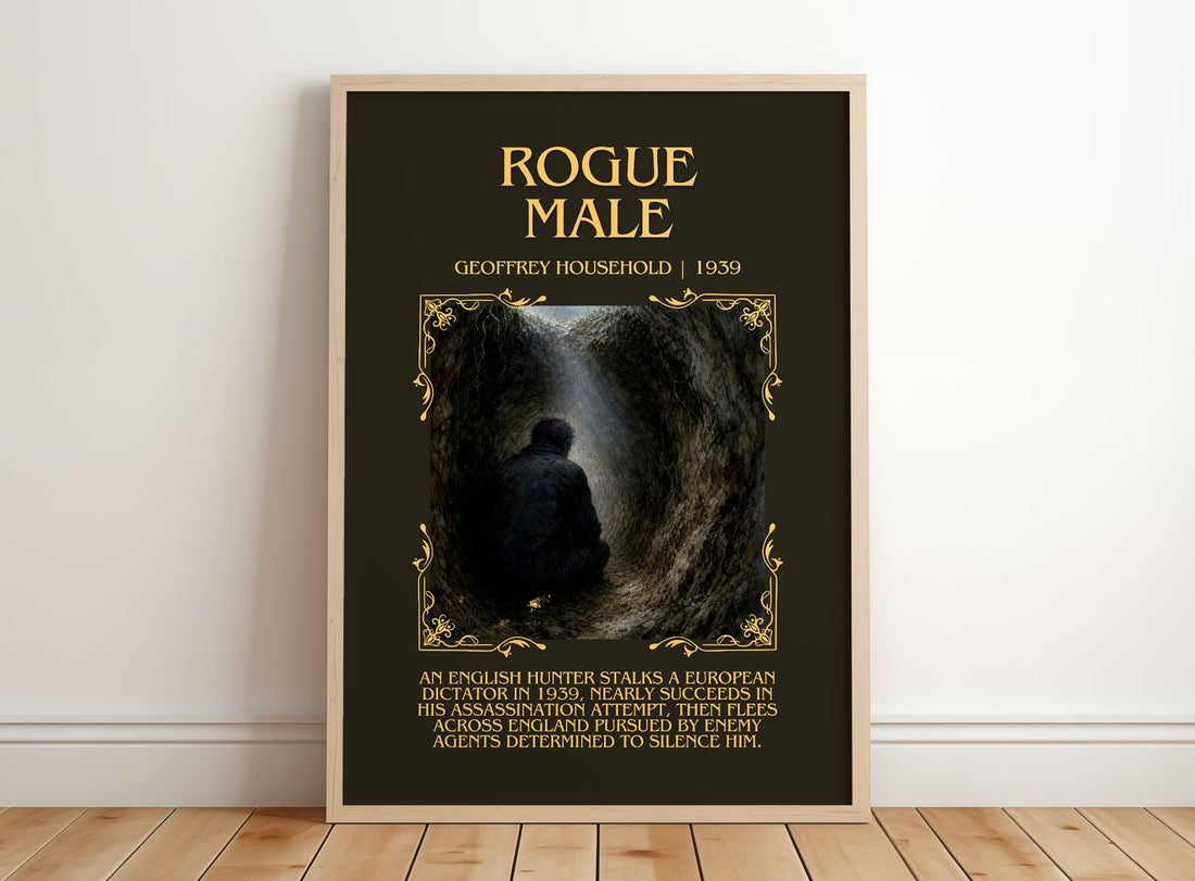 Rogue Male Minimalist Book Poster by Geoffrey Household – framed print leaning on a wooden floor