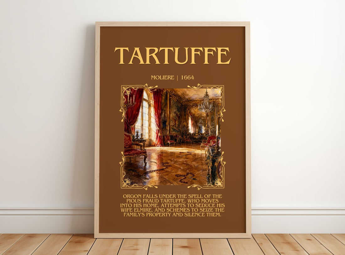 Tartuffe Minimalist Book Poster by Molière – framed print leaning on a wooden floor