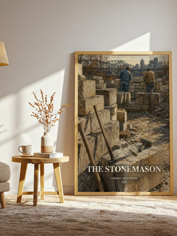 The Stonemason watercolour print in frame leaning in hallway – literary fiction wall art