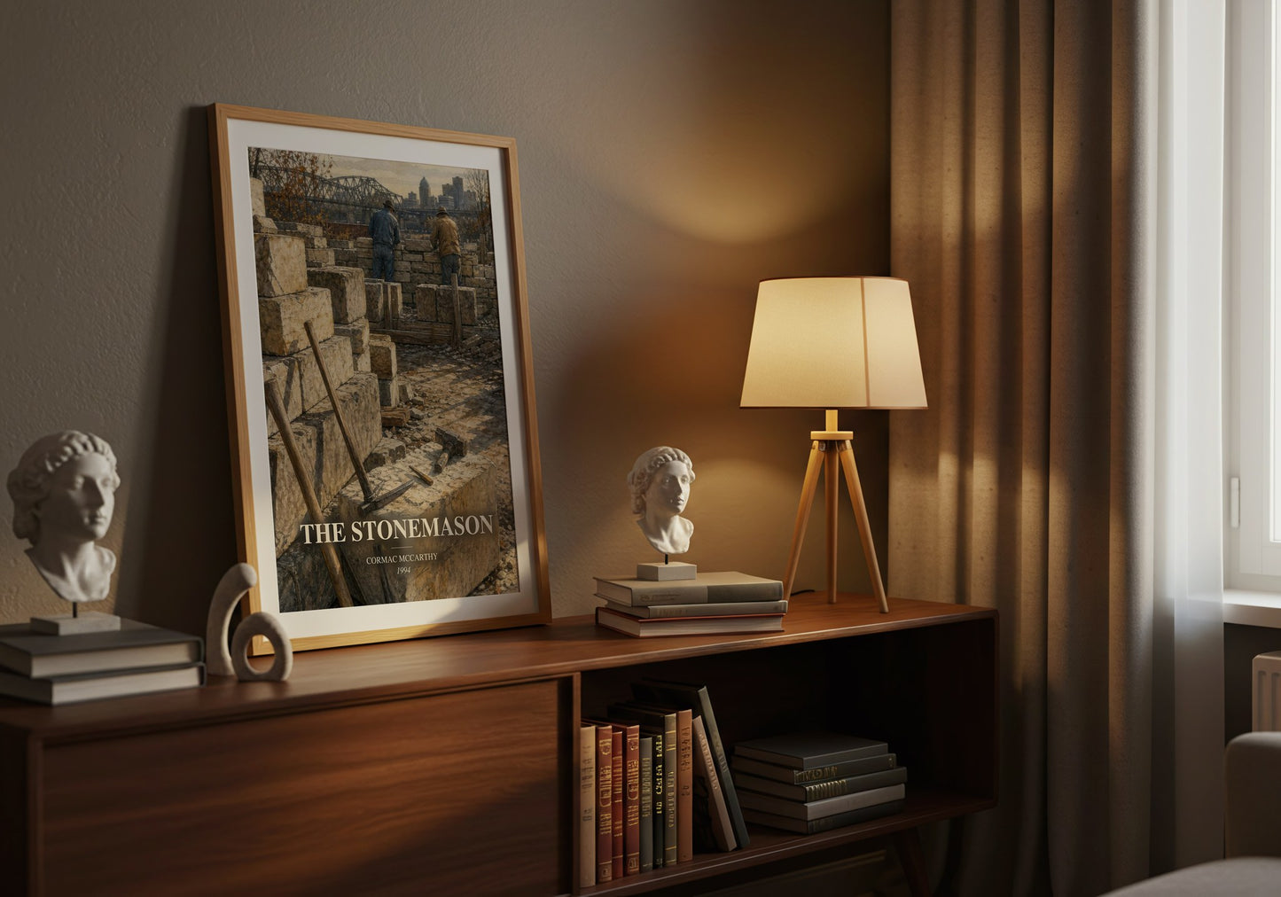 The Stonemason watercolour print on bookshelf – Cormac Mccarthy fan gift