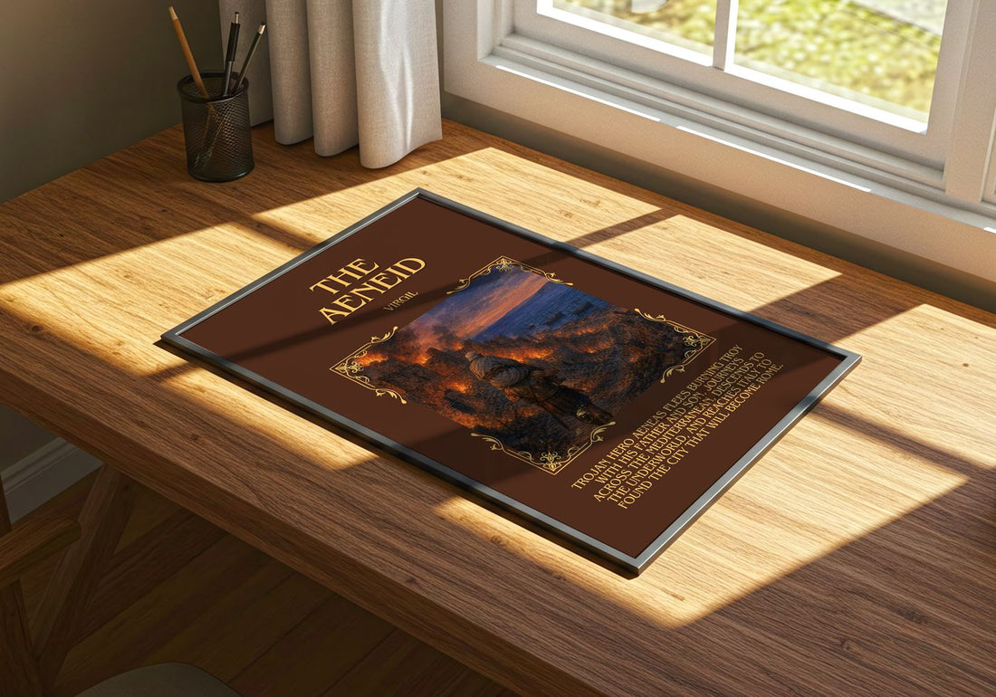 The Aeneid Minimalist Book Poster by Virgil – print on a sunlit desk