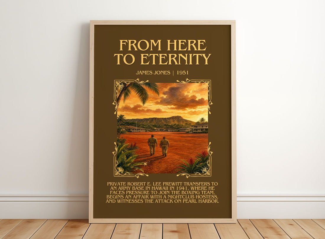 From Here to Eternity Minimalist Book Poster by James Jones – framed print leaning on a wooden floor
