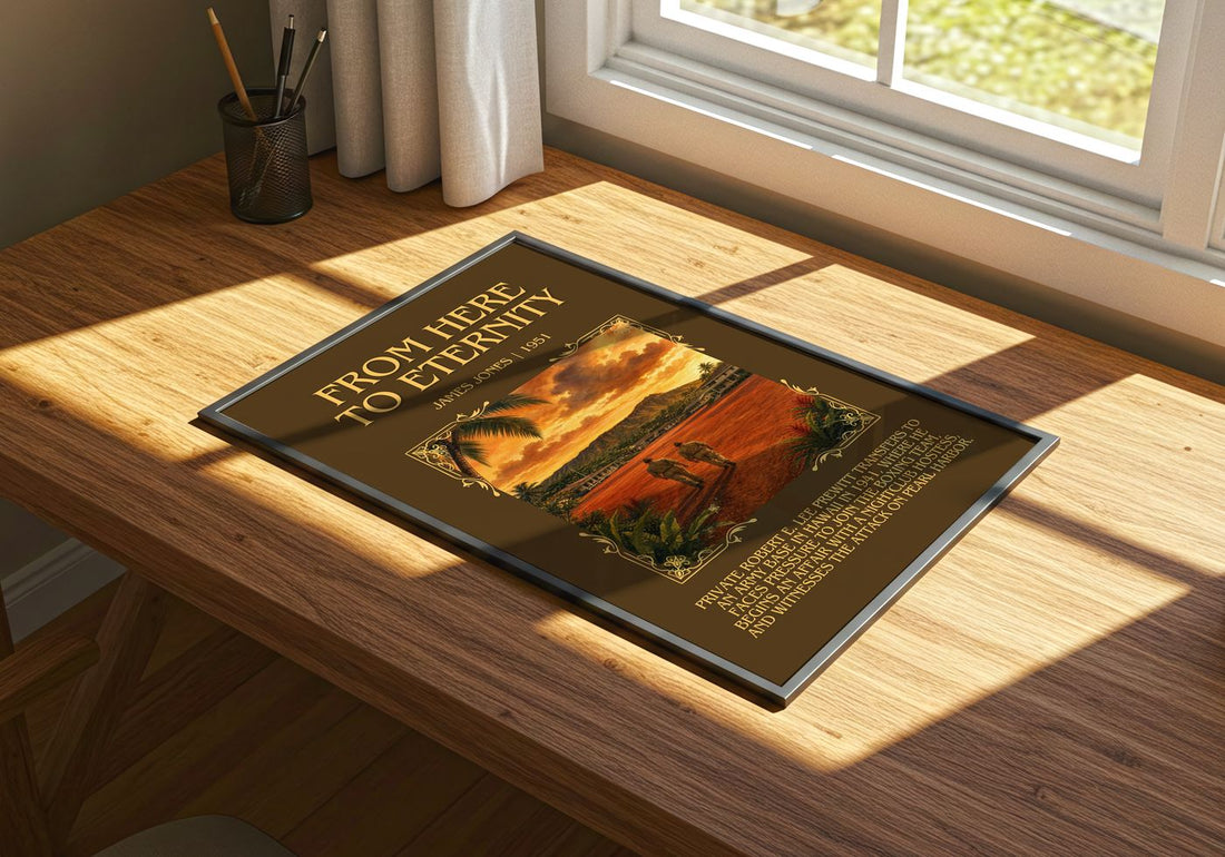 From Here to Eternity Minimalist Book Poster by James Jones – print on a sunlit desk