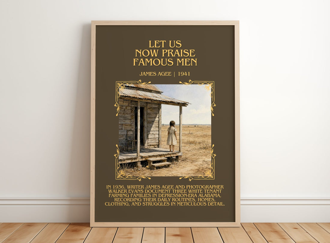 Let Us Now Praise Famous Men Minimalist Book Poster by James Agee – framed print leaning on a wooden floor