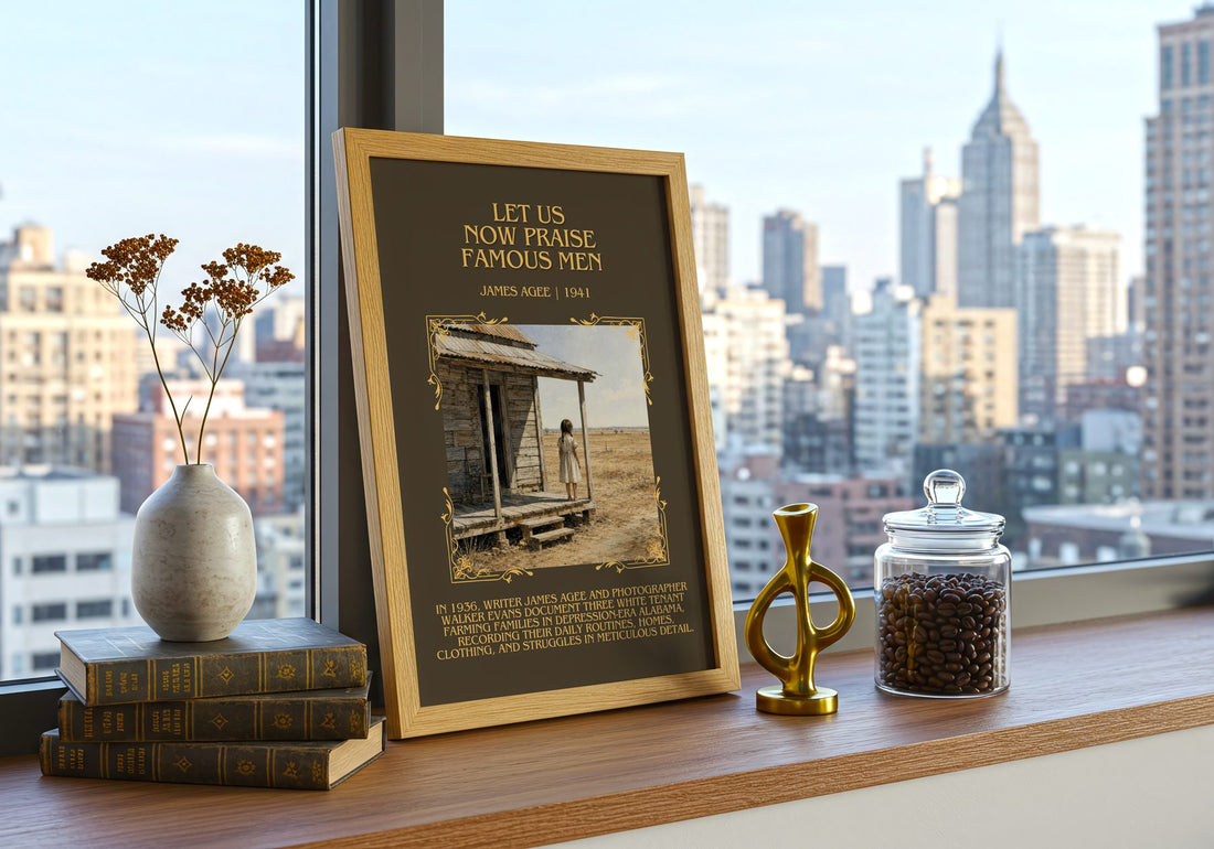 Let Us Now Praise Famous Men Minimalist Book Poster by James Agee – framed print on a city-view windowsill