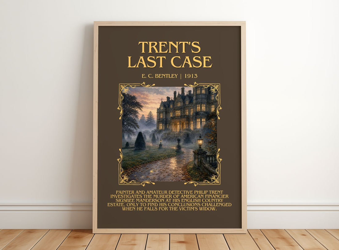 Trent's Last Case Minimalist Book Poster by E. C. Bentley – framed print leaning on a wooden floor