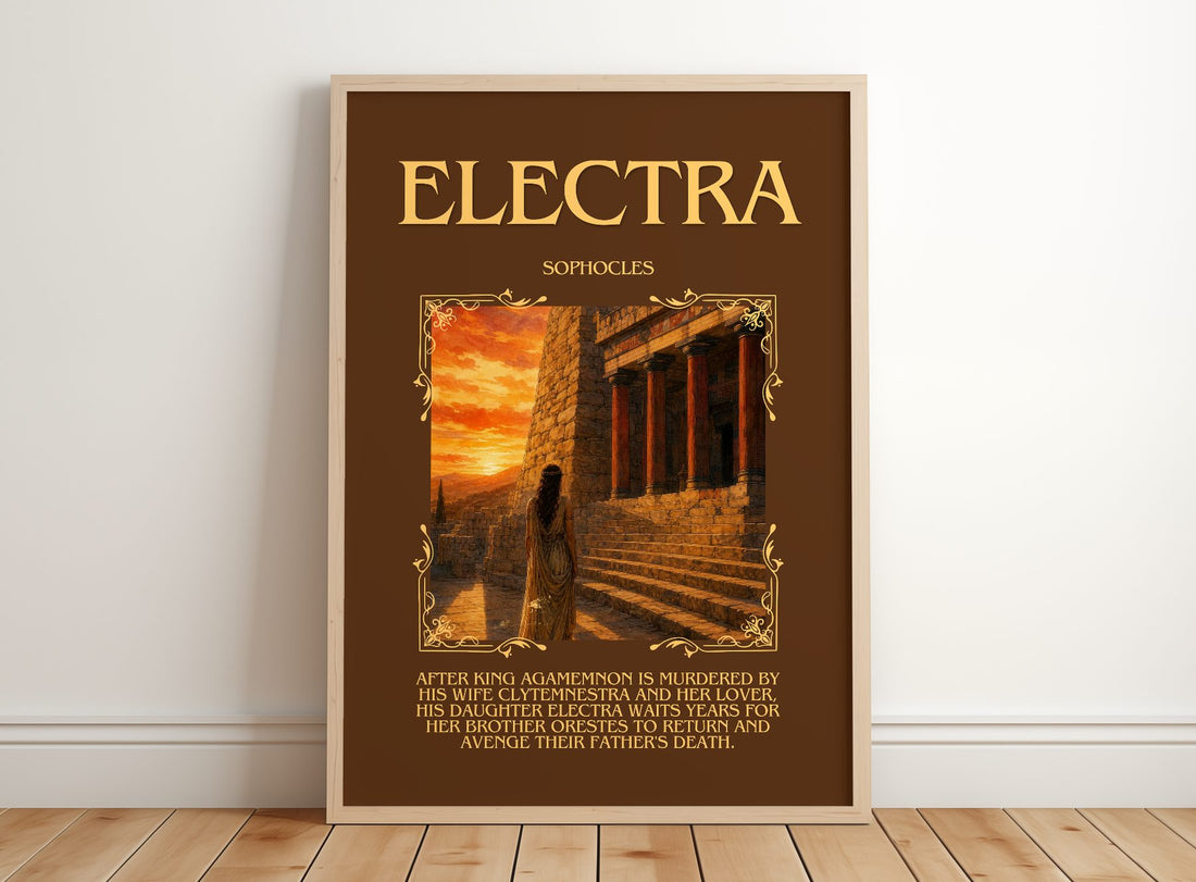 Electra Minimalist Book Poster by Sophocles – framed print leaning on a wooden floor