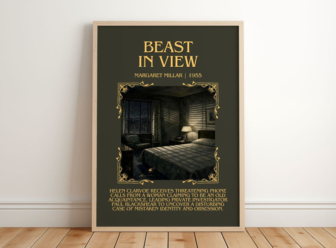 Beast In View Minimalist Book Poster by Margaret Millar – framed print leaning on a wooden floor