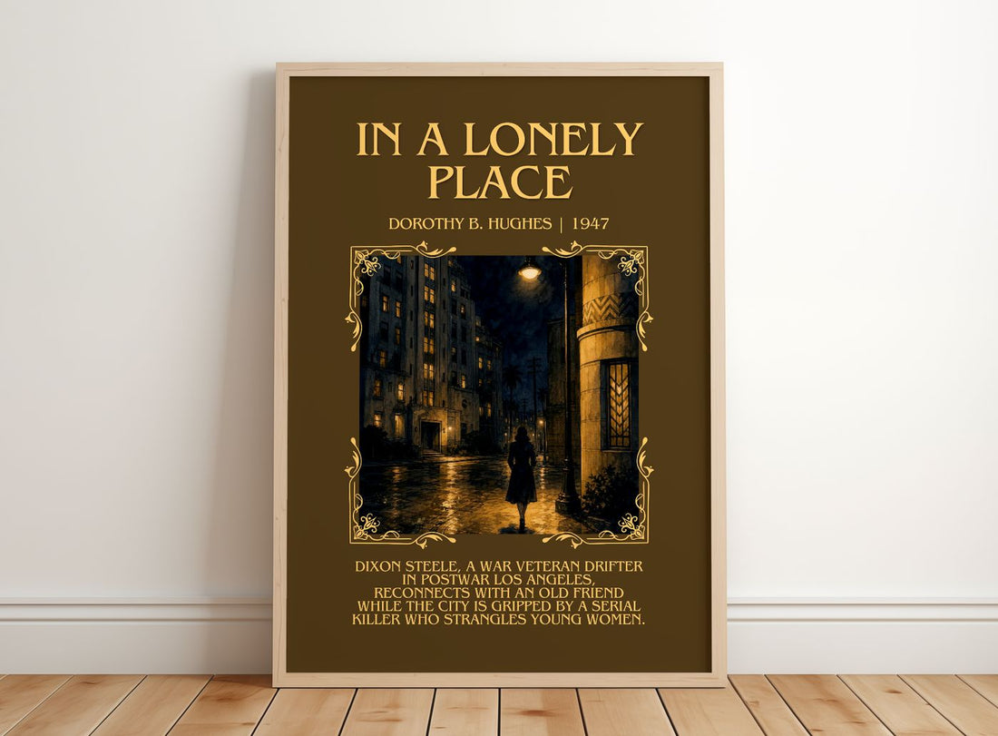 In A Lonely Place Minimalist Book Poster by Dorothy B. Hughes – framed print leaning on a wooden floor