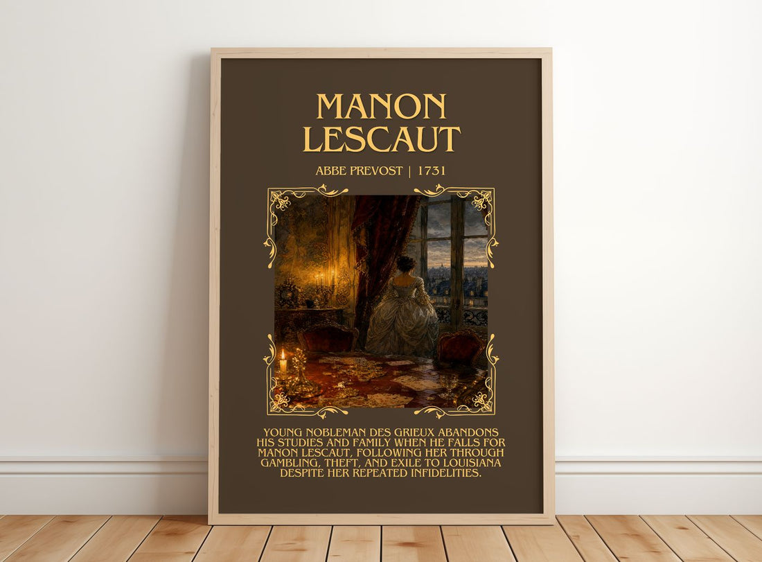 Manon Lescaut Minimalist Book Poster by Abbe Prevost – framed print leaning on a wooden floor
