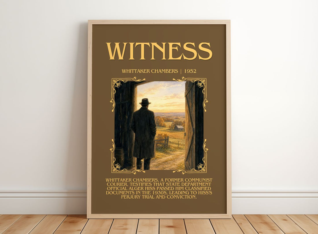 Witness Minimalist Book Poster by Whittaker Chambers – framed print leaning on a wooden floor