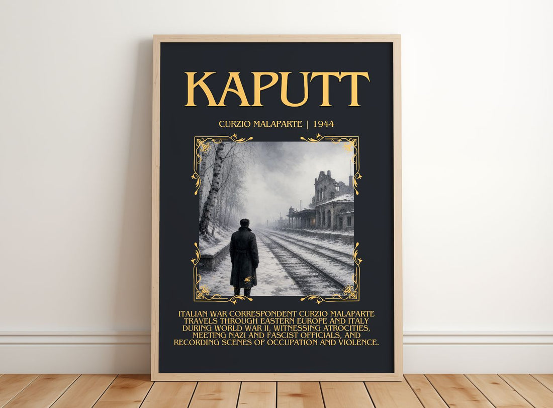 Kaputt Minimalist Book Poster by Curzio Malaparte – framed print leaning on a wooden floor