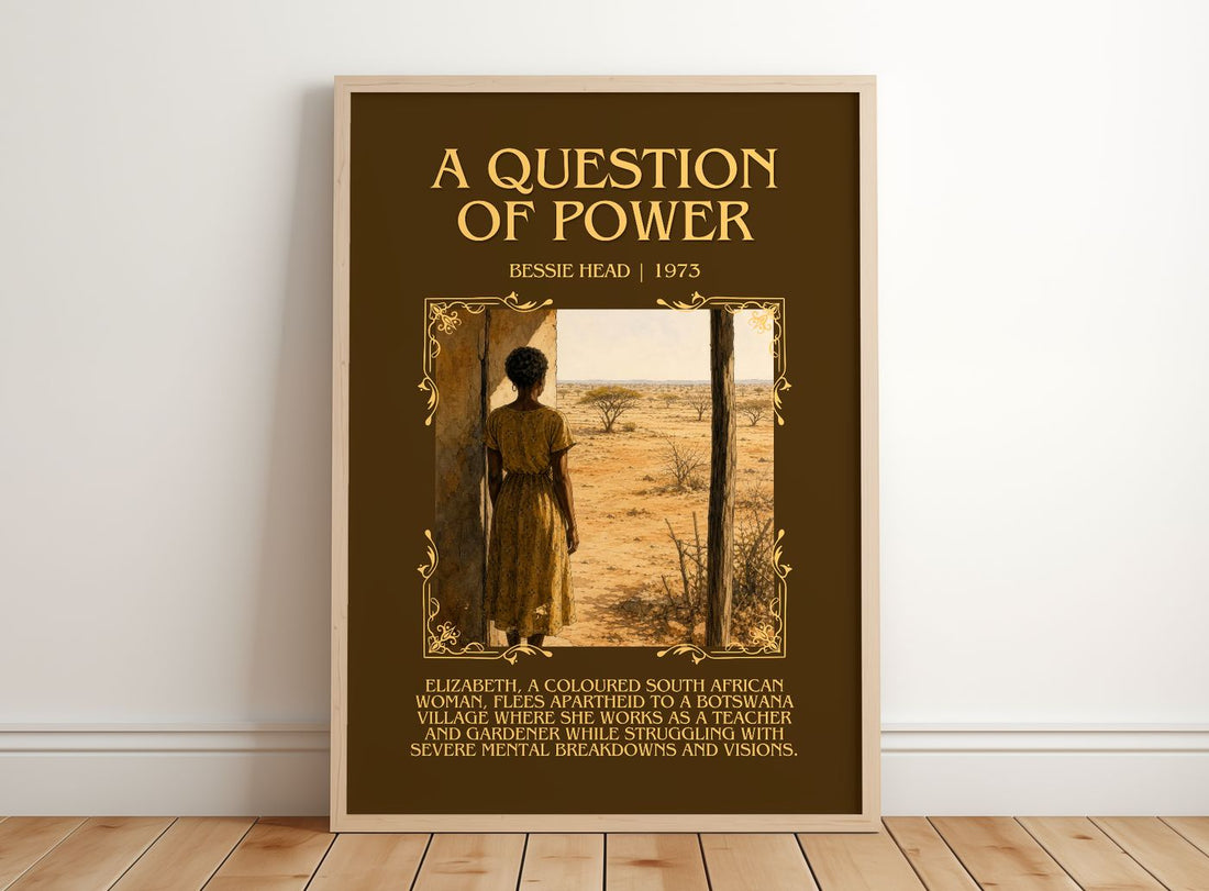 A Question of Power Minimalist Book Poster by Bessie Head – framed print leaning on a wooden floor