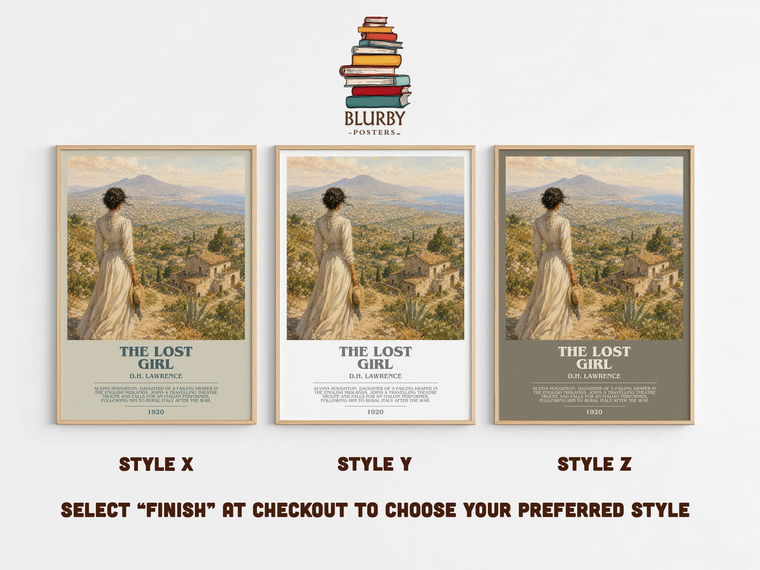 The Lost Girl bookish print in frame leaning in hallway – literary fiction wall art (mockup)