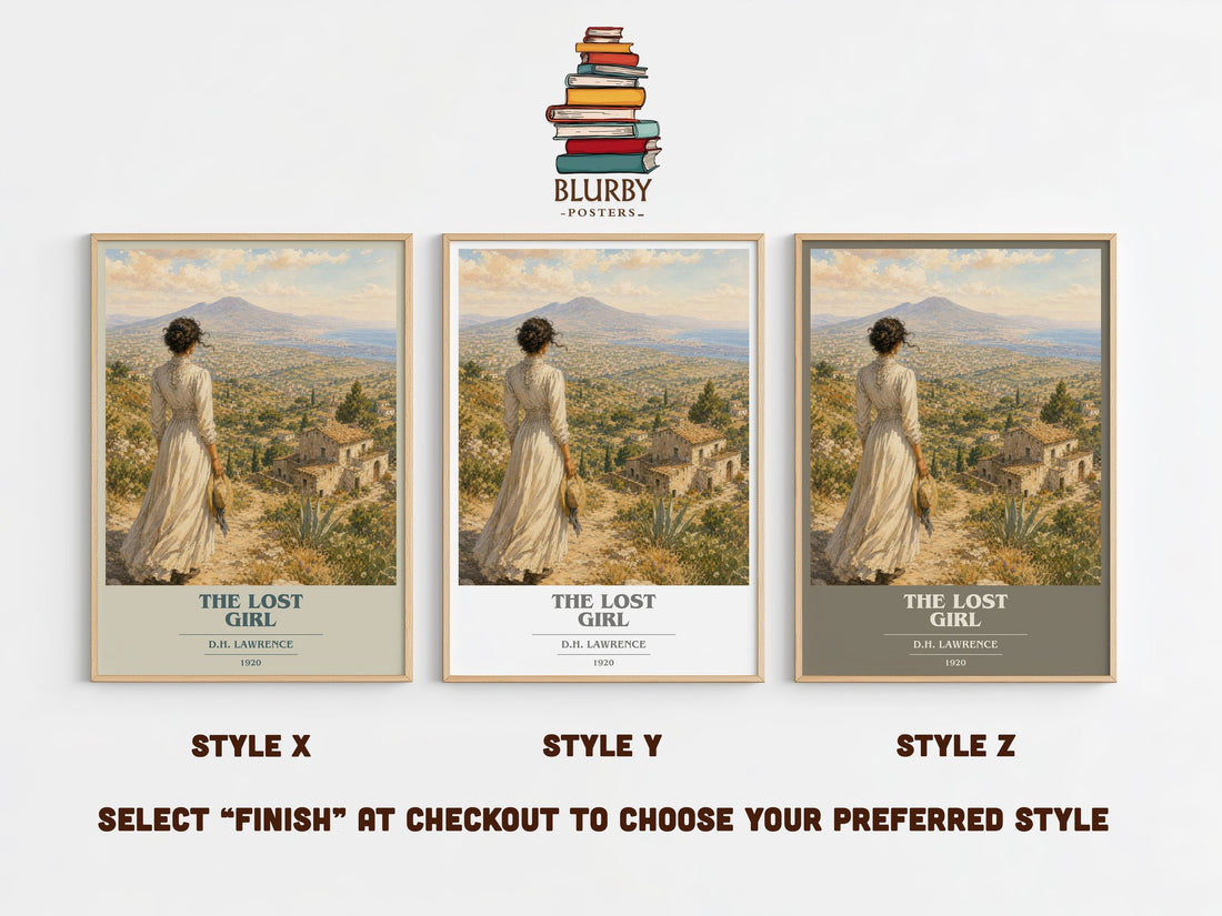 The Lost Girl book cover print in frame leaning in hallway – literary fiction wall art (mockup)
