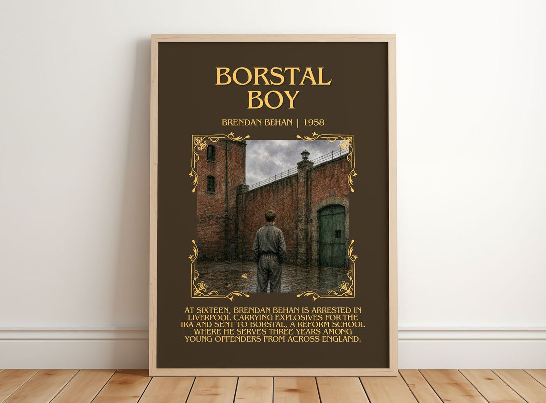 Borstal Boy Minimalist Book Poster by Brendan Behan – framed print leaning on a wooden floor