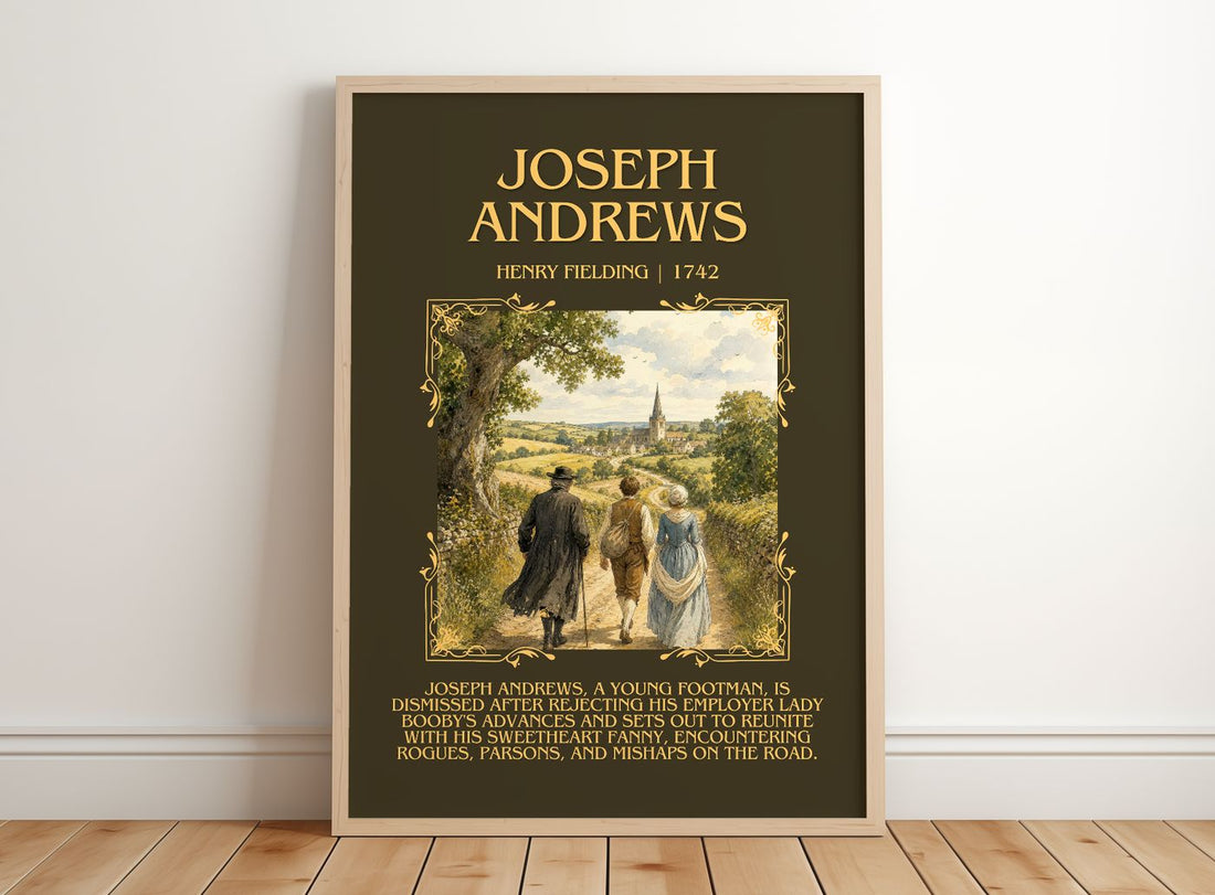 Joseph Andrews Minimalist Book Poster by Henry Fielding – framed print leaning on a wooden floor