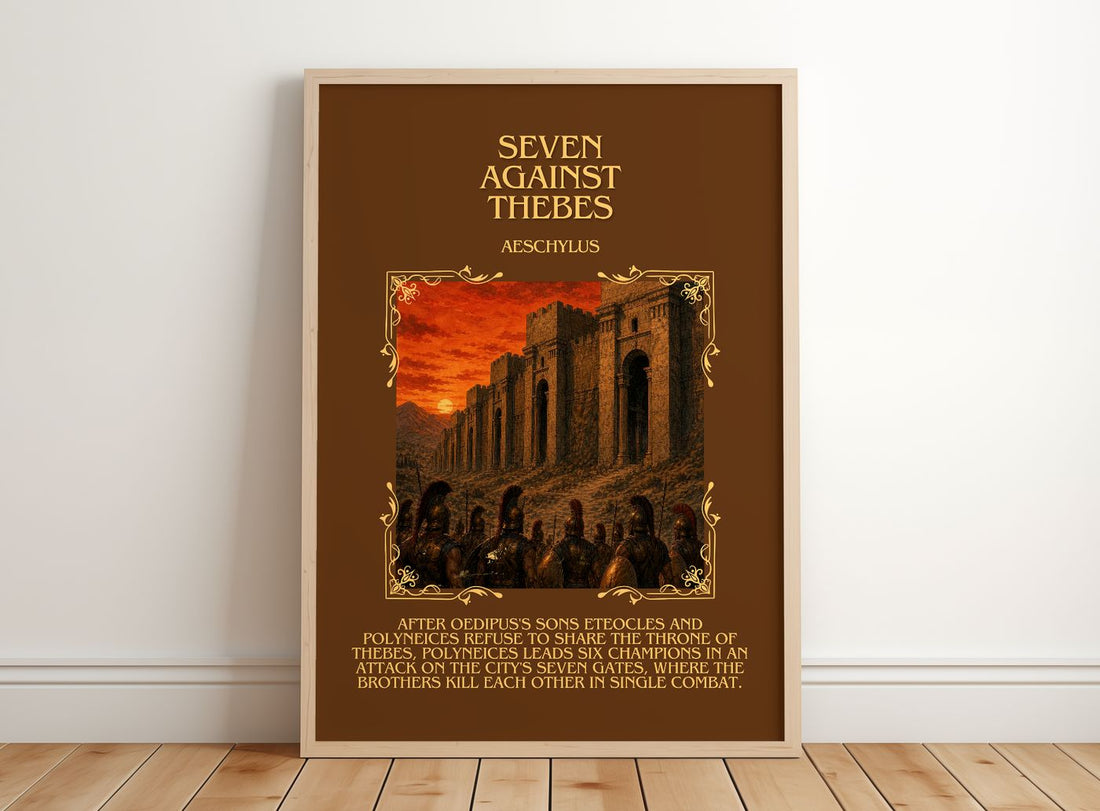 Seven Against Thebes Minimalist Book Poster by Aeschylus – framed print leaning on a wooden floor