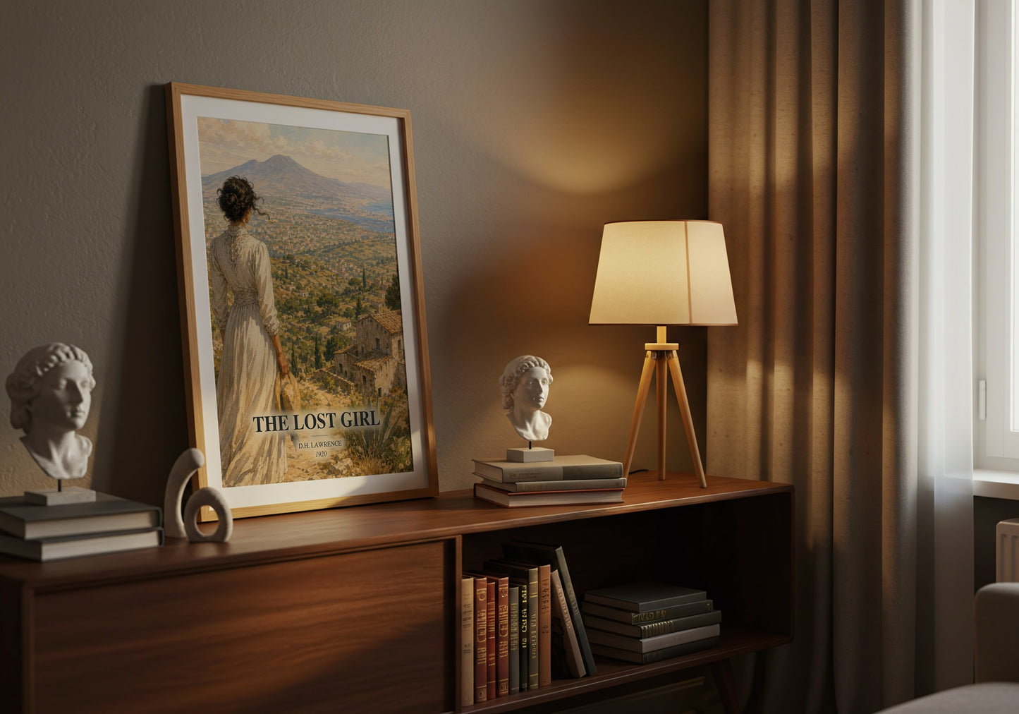 The Lost Girl watercolour print on bookshelf – D.H. Lawrence fan gift