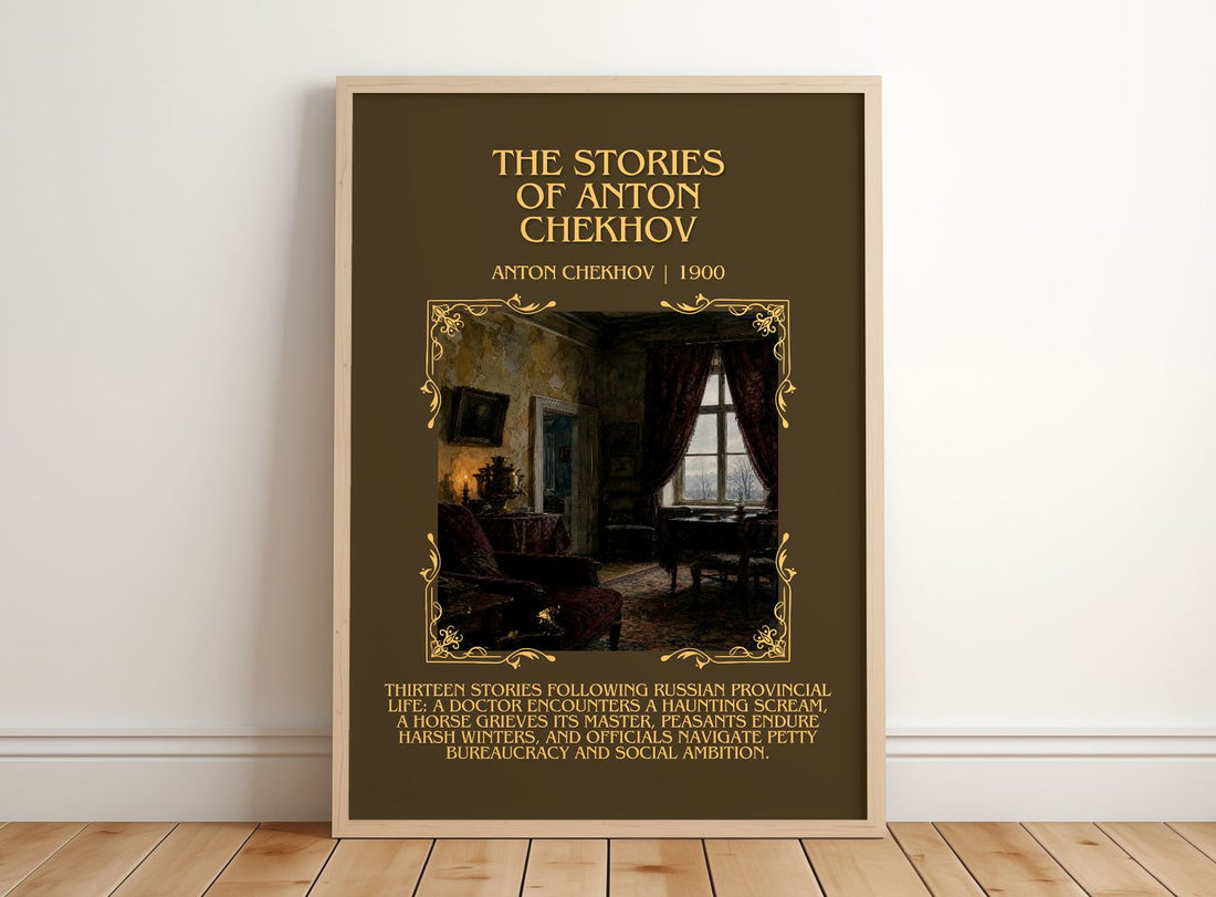 The Stories of Anton Chekhov Minimalist Book Poster by Anton Chekhov – framed print leaning on a wooden floor