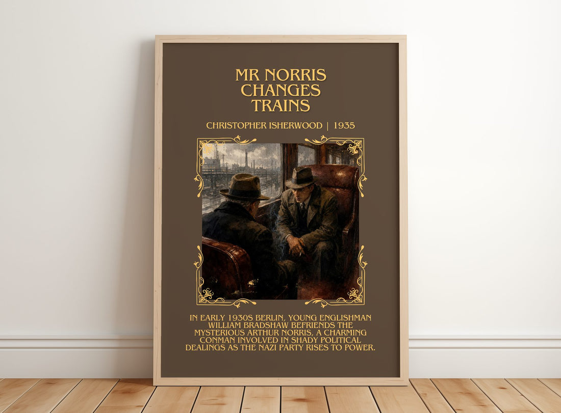 Mr Norris Changes Trains Minimalist Book Poster by C. Isherwood – framed print leaning on a wooden floor