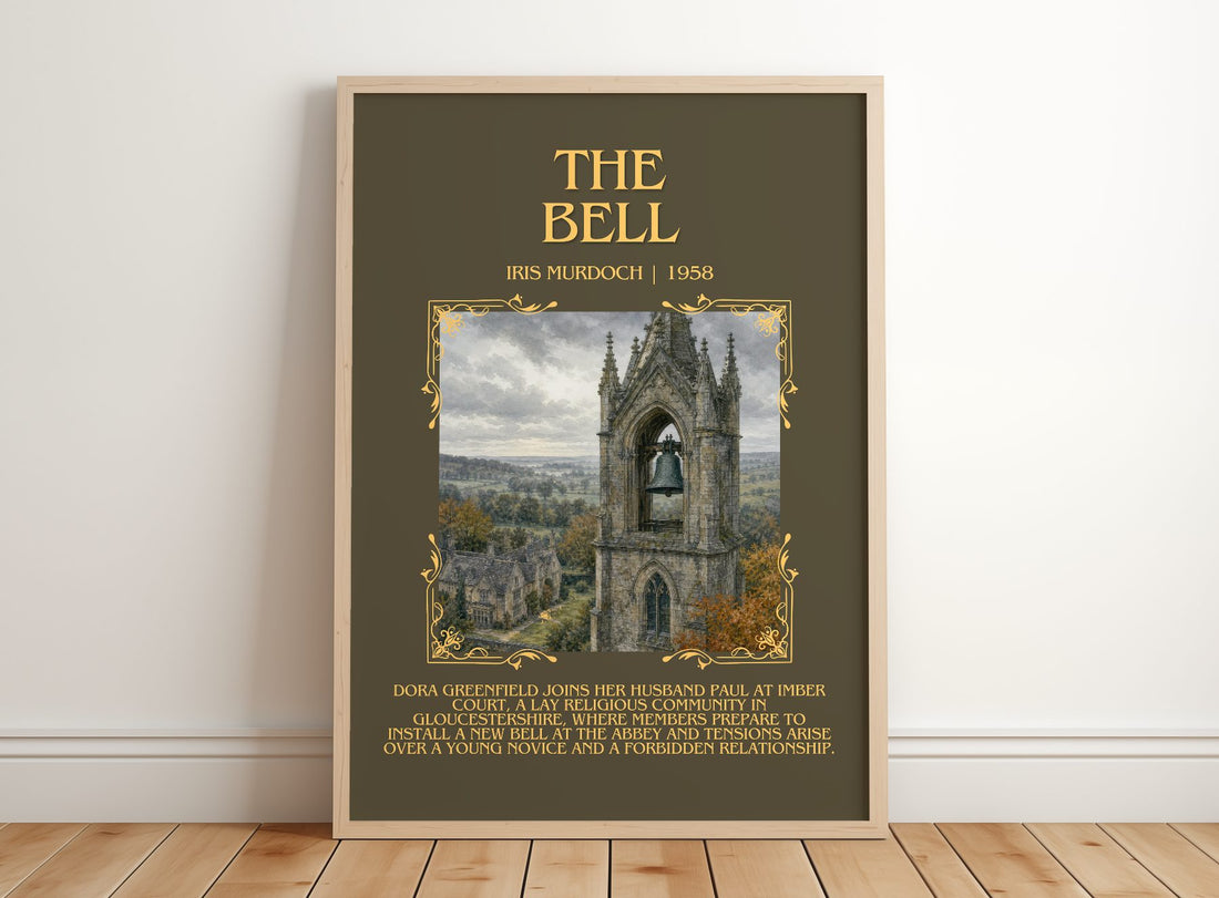 The Bell Minimalist Book Poster by Iris Murdoch – framed print leaning on a wooden floor