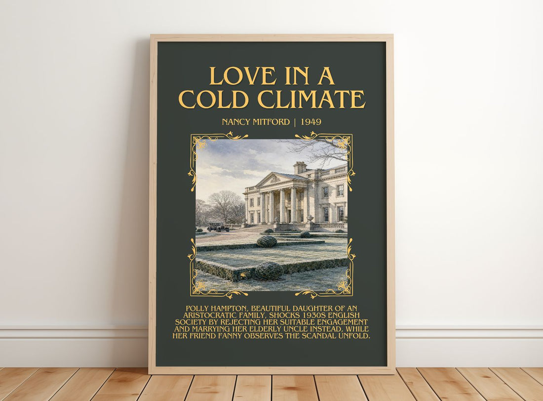 Love in a Cold Climate Minimalist Book Poster by Nancy Mitford – framed print leaning on a wooden floor
