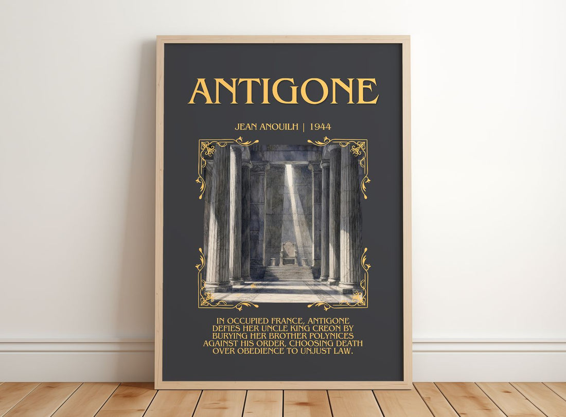 Antigone Minimalist Book Poster by Jean Anouilh – framed print leaning on a wooden floor
