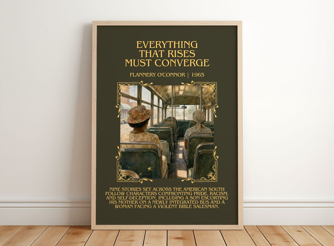 Everything That Rises Must Converge Minimalist Book Poster by Flannery O'Connor – framed print leaning on a wooden floor