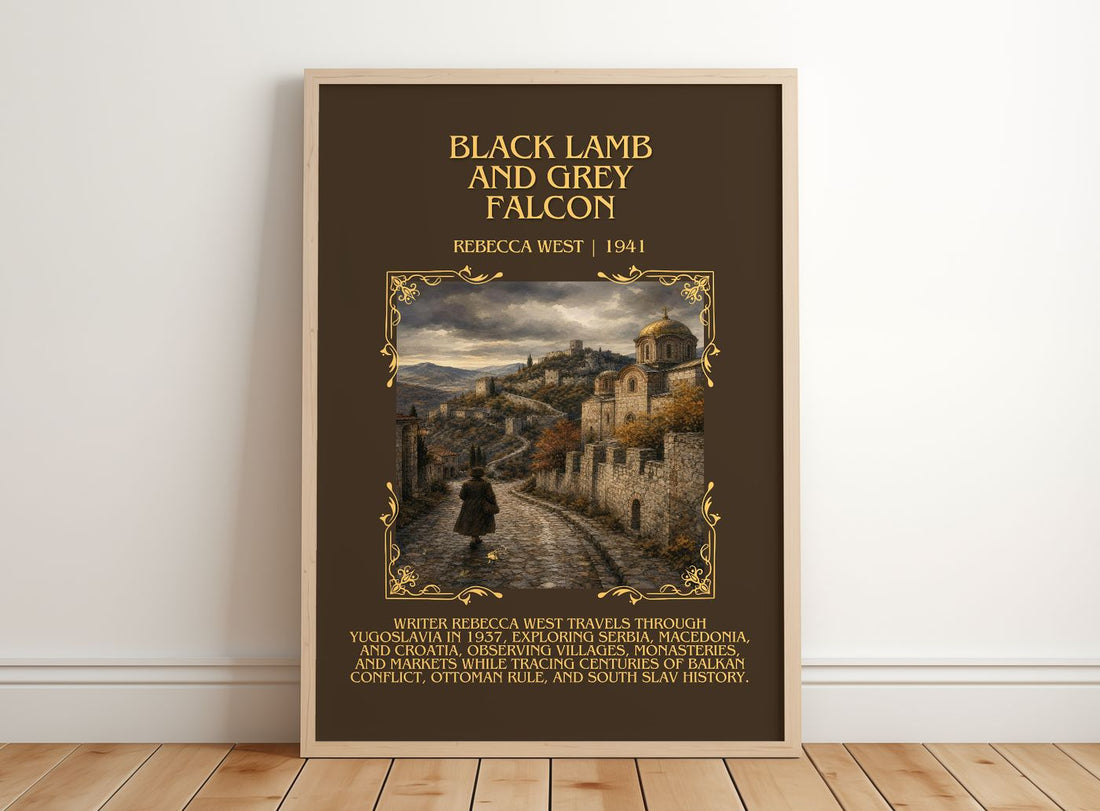 Black Lamb and Grey Falcon Minimalist Book Poster by Rebecca West – framed print leaning on a wooden floor