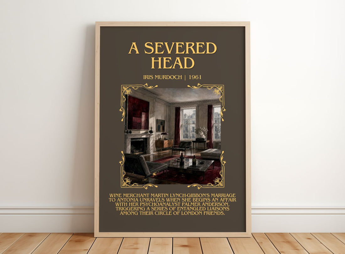 A Severed Head Minimalist Book Poster by Iris Murdoch – framed print leaning on a wooden floor