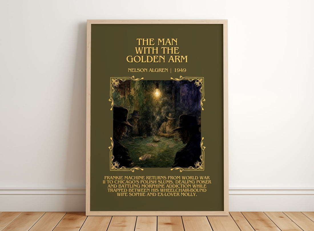 The Man with the Golden Arm Minimalist Book Poster by Nelson Algren – framed print leaning on a wooden floor