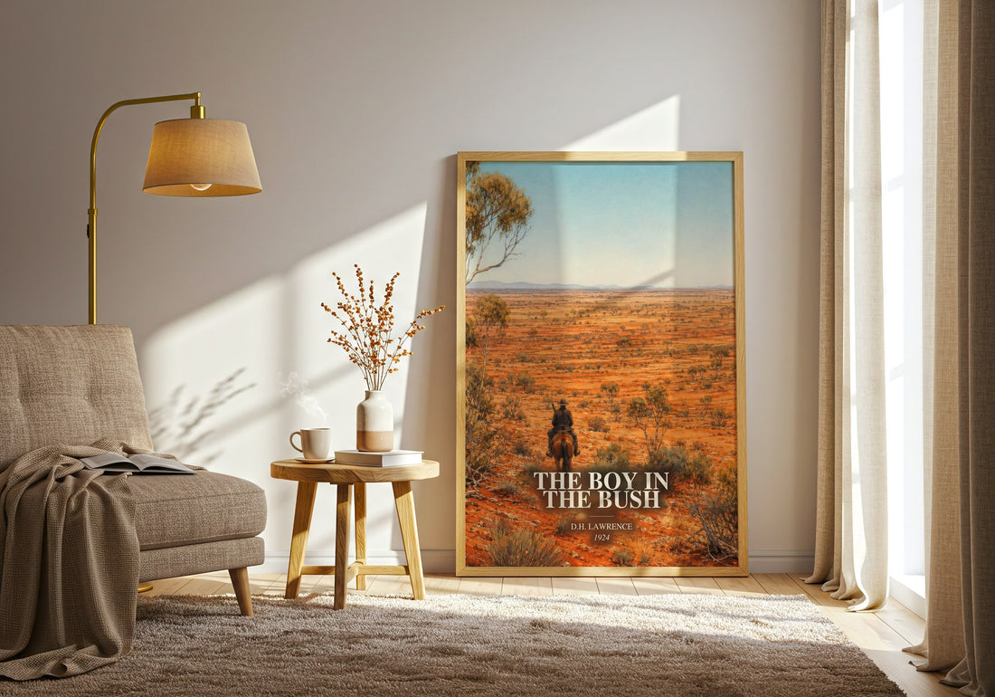 The Boy In The Bush watercolour print in frame leaning in hallway – coming of age wall art (mockup)