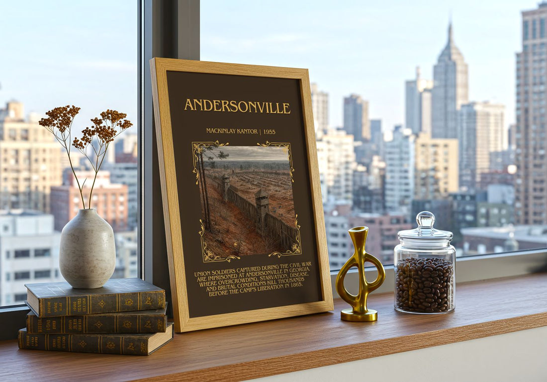 Andersonville Minimalist Book Poster by MacKinlay Kantor – framed print on a city-view windowsill