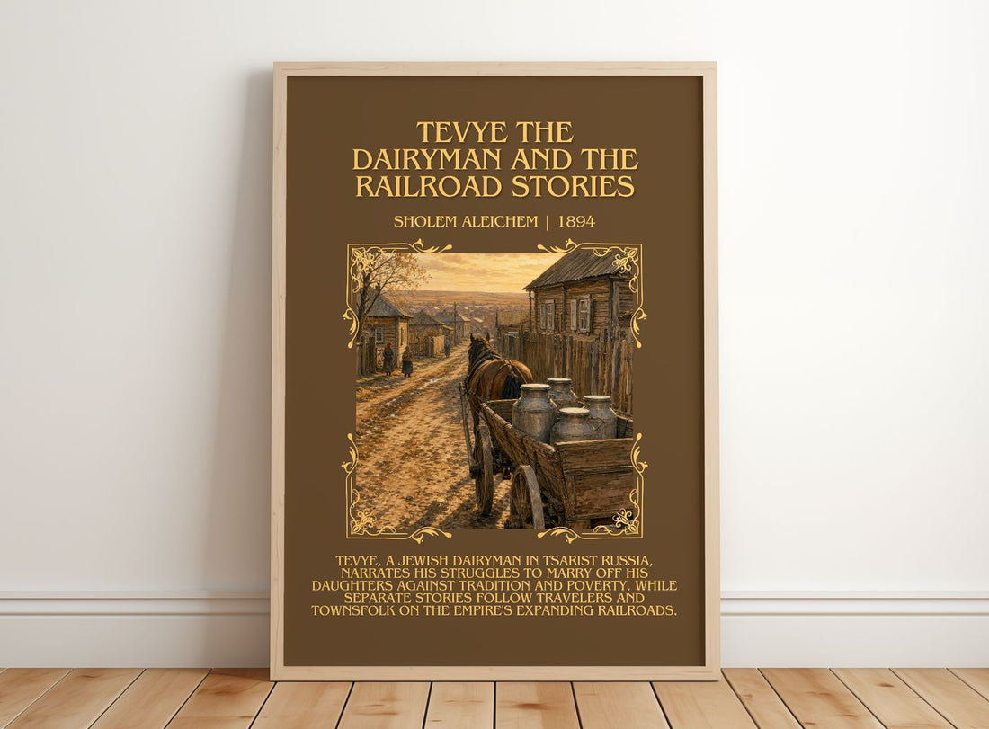 Tevye The Dairyman And The Railroad Stories Minimalist Book Poster by Sholem Aleichem – framed print leaning on a wooden floor